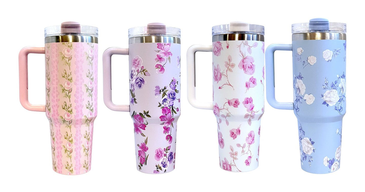 Floral Insulated Tumbler With Handle with Gift Pack