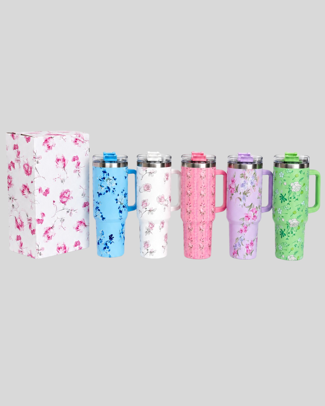 Floral Insulated Tumbler With Handle with Gift Pack